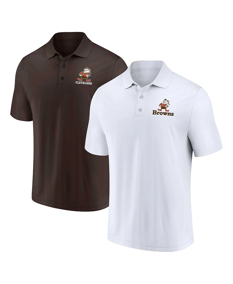 Men's Fanatics White, Brown Distressed Cleveland Browns Throwback Two-Pack Polo Shirt Set