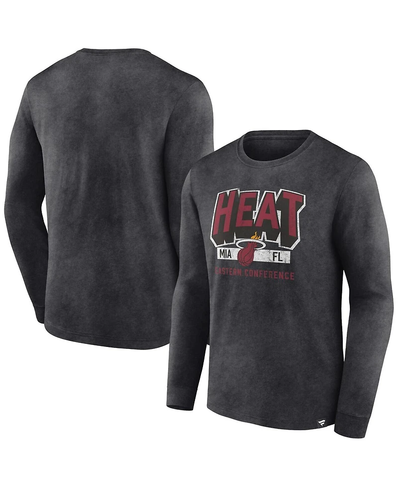 Men's Fanatics Heather Charcoal Distressed Miami Heat Front Court Press Snow Wash Long Sleeve T-shirt