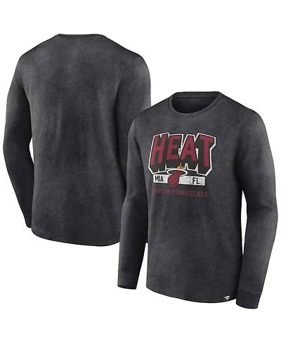 Men's Fanatics Heather Charcoal Distressed Miami Heat Front Court Press Snow Wash Long Sleeve T-shirt