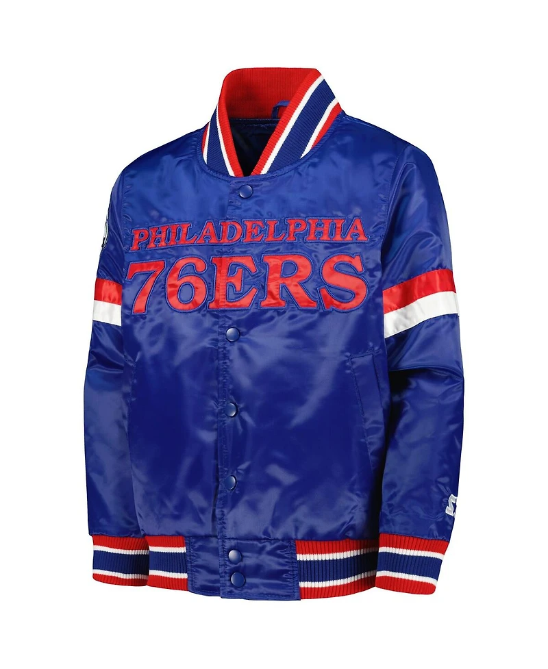 Big Boys Starter Royal Philadelphia 76ers Home Game Varsity Satin Full-Snap Jacket