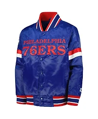 Big Boys Starter Royal Philadelphia 76ers Home Game Varsity Satin Full-Snap Jacket