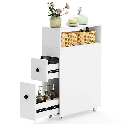 Movable Bathroom Storage Cabinet Narrow Toilet Side Paper Holder w/ 2 Drawers
