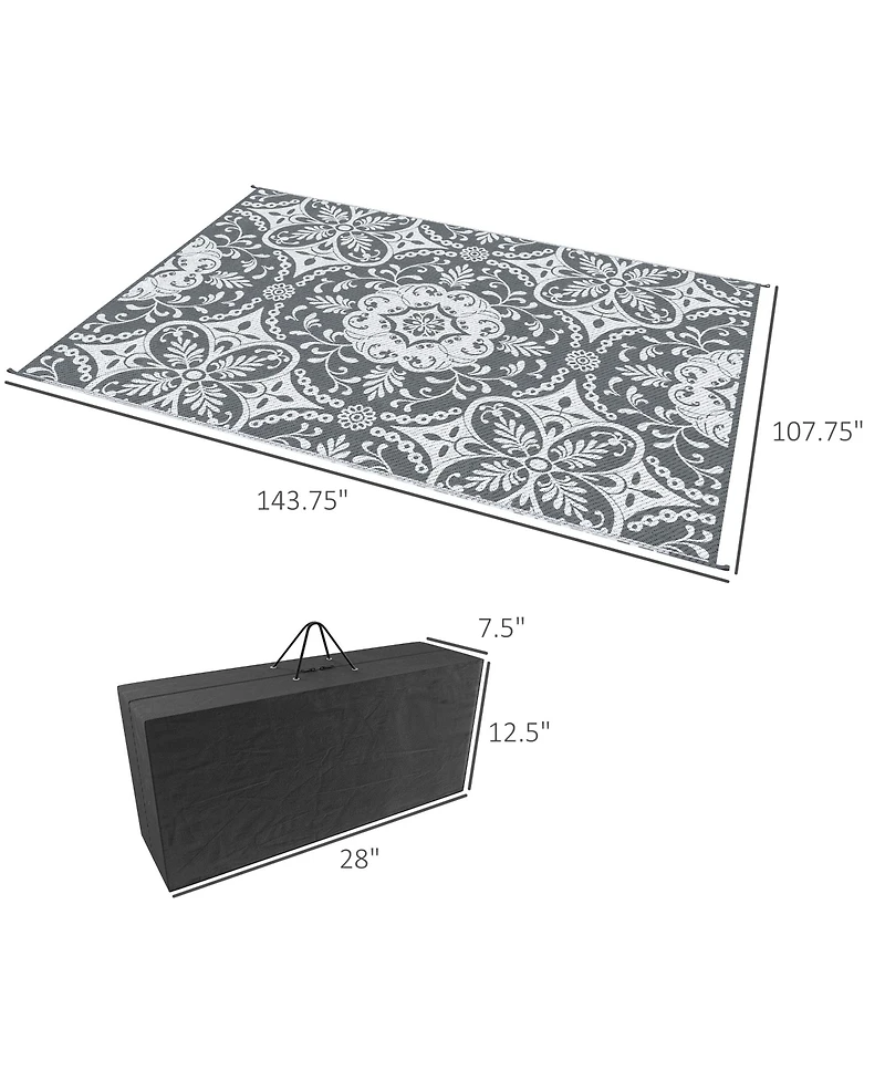 Outsunny Reversible Outdoor Rug with Carry Bag 9' x 12' Gray & White Flower