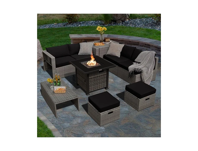 Slickblue 9 Pieces Outdoor Patio Furniture Set with 32-Inch Propane Fire Pit Table