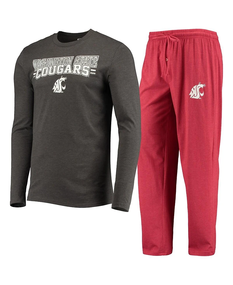 Men's Concepts Sport Crimson, Heathered Charcoal Distressed Washington State Cougars Meter Long Sleeve T-shirt and Pants Sleep Set
