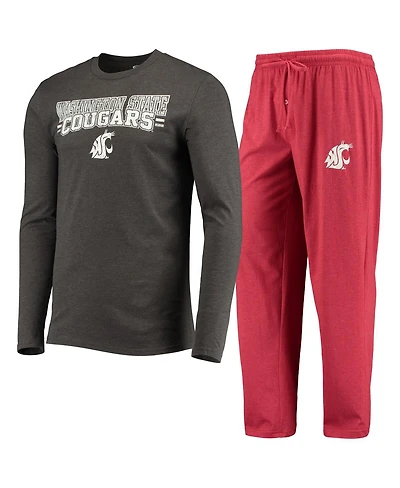 Men's Concepts Sport Crimson, Heathered Charcoal Distressed Washington State Cougars Meter Long Sleeve T-shirt and Pants Sleep Set
