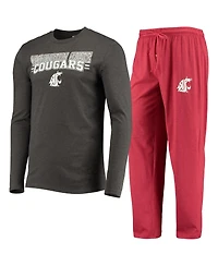 Men's Concepts Sport Crimson, Heathered Charcoal Distressed Washington State Cougars Meter Long Sleeve T-shirt and Pants Sleep Set