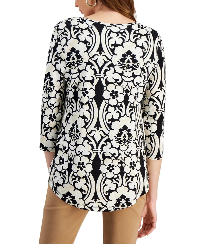 Jm Collection Women's Printed Scoop-Neck 3/4-Sleeve Top, Created for Macy's