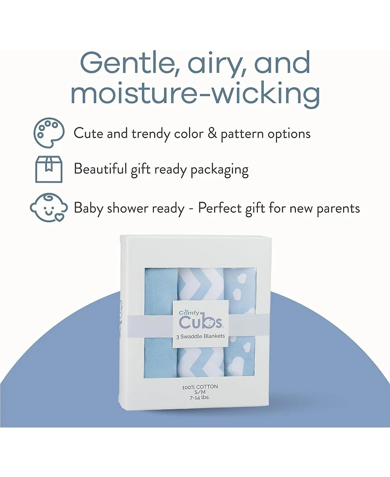 Comfy Cubs Cotton Easy Swaddle Blankets, Pack of 3 with Gift Box