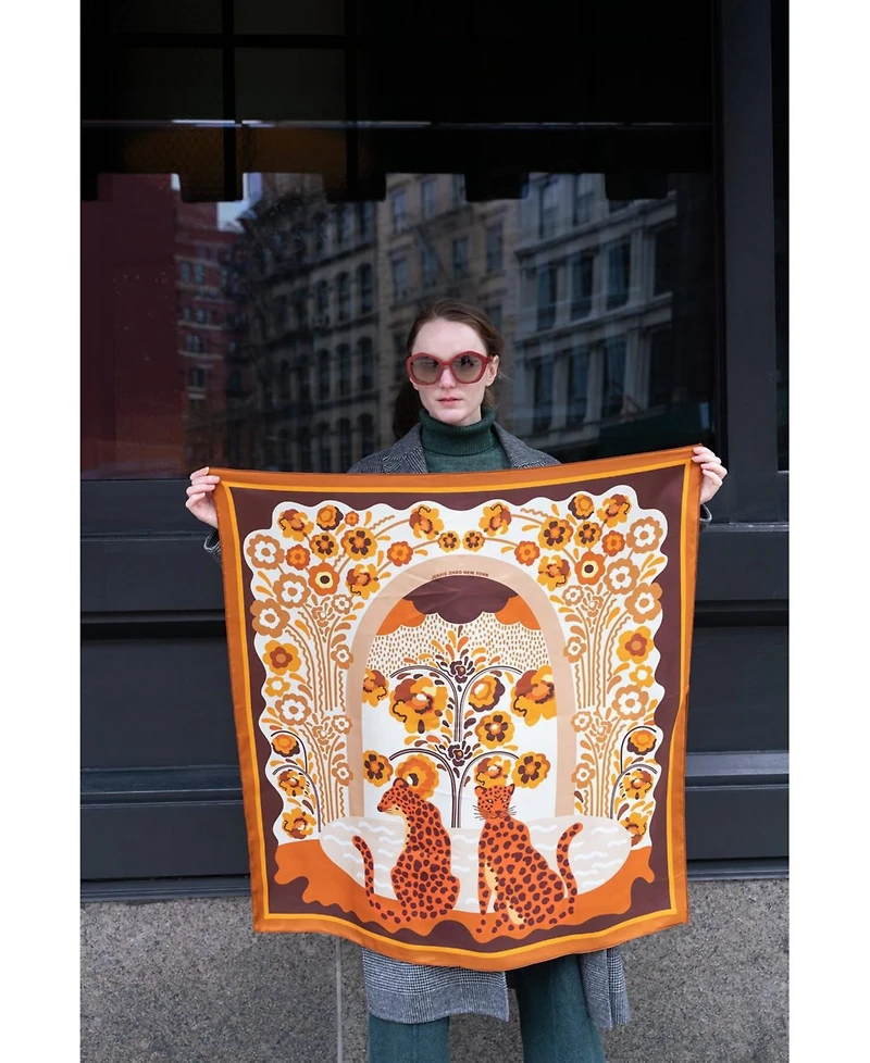 Jessie Zhao New York Double Sided Silk Scarf Of Leopards With Floral Fountain