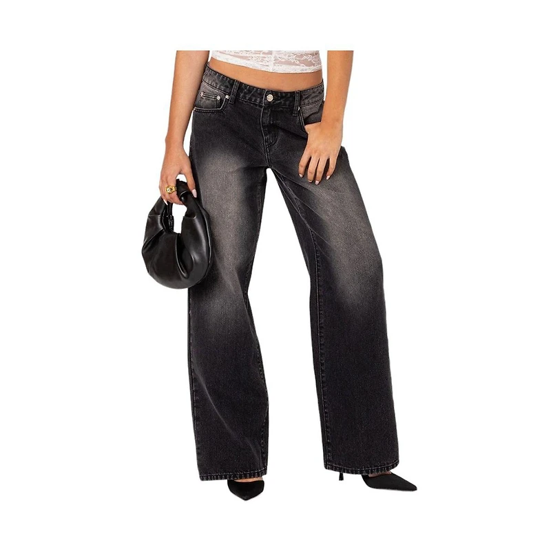 Edikted Womens Magda Low Rise Acid Wash Jeans
