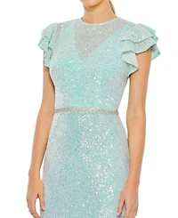 Women's Ieena Sequined High Neck Flutter Sleeve Gown