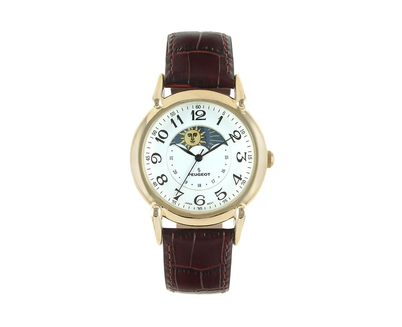 Peugeot Men's 40mm Vintage Like White Dial Sun Moon Brown Leather Strap Watch