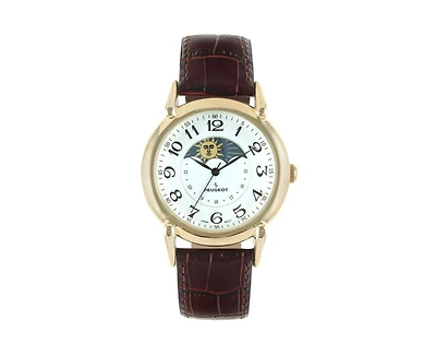 Peugeot Men's 40mm Vintage Like White Dial Sun Moon Brown Leather Strap Watch