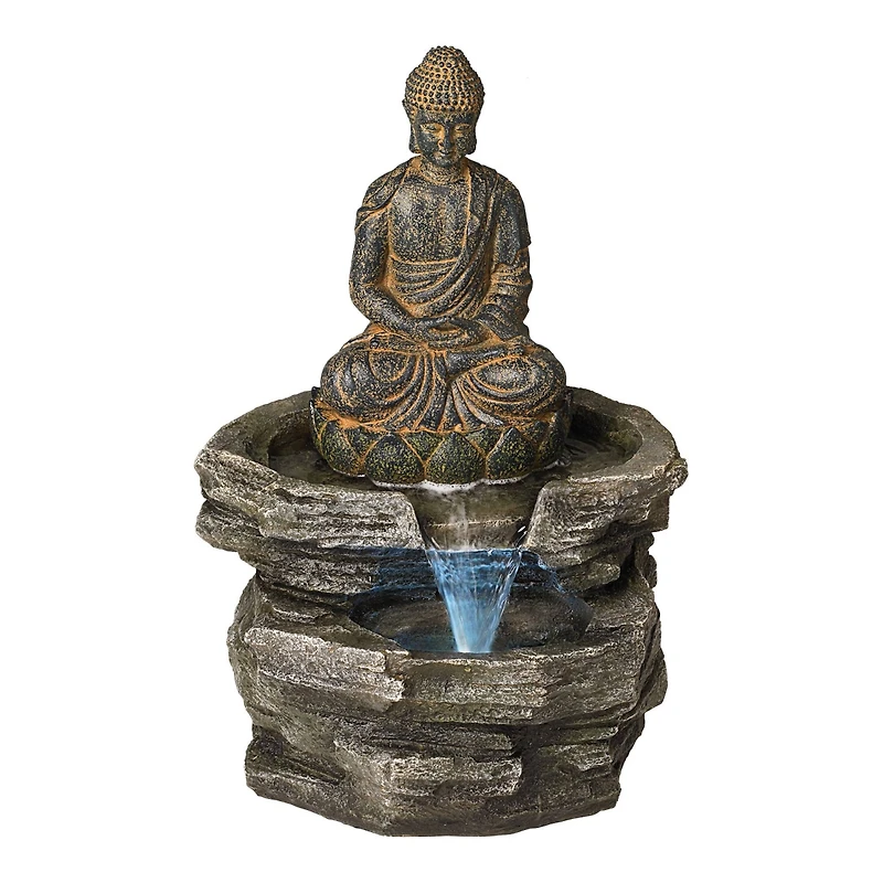 Sitting Buddha 21" High Large Zen Asian Indoor Outdoor Decor Faux Stone Floor Fountain with Light Led Waterfall