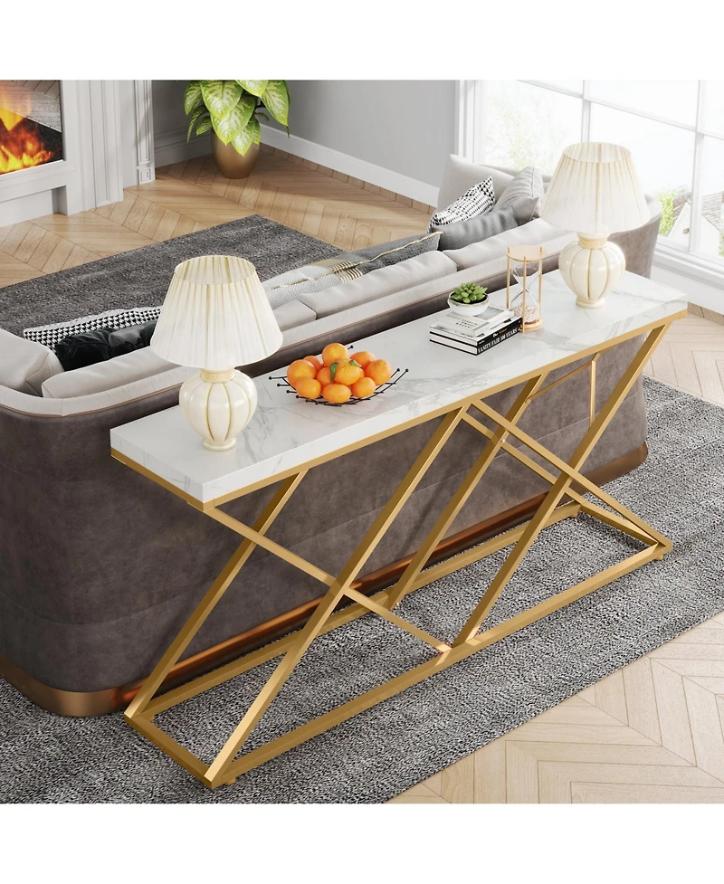 Tribe signs Gold Console Table, Modern 55 inch Entryway Table Narrow Long Sofa Table with Geometric Metal Legs, Faux Marble White Wood Foyer Table for