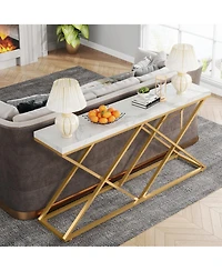 Tribe signs Gold Console Table, Modern 55 inch Entryway Table Narrow Long Sofa Table with Geometric Metal Legs, Faux Marble White Wood Foyer Table for
