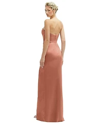 After Six Women's Strapless Topstitched Corset Satin Maxi Dress with Draped Column Skirt