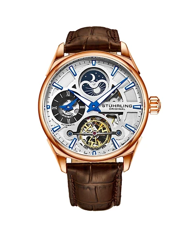 Stuhrling Men's Automatic Self Wind Pink Case, Silver Dial, Brown Leather Strap Watch