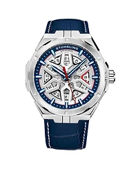 Stuhrling Men's Automatic Watch Alligator Embossed Genuine Leather Strap with Decorative Stitching