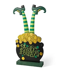Glitzhome 24" H Wooden St. Patrick's Leprechaun Pot of Gold-Tone Porch Decor