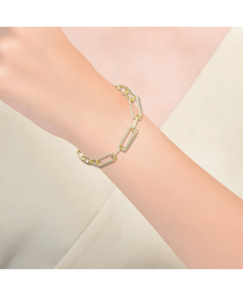 Gigi Girl Sterling Silver Teens 14k Yellow Gold Plated with Cubic Zirconia French Pave Slinky Oval Cable Link Bracelet - Adjustable in Length