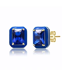14k Yellow Gold Plated with Blue Cubic Zirconia Radiant Blue Enamel Halo Stud Earrings