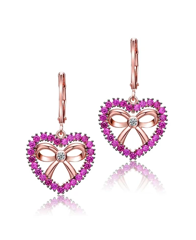 GiGiGirl Kids 18k Rose Gold Plated Hollow Heart Dangle Earrings with Red Cubic Zirconia and Infinity Ribbon