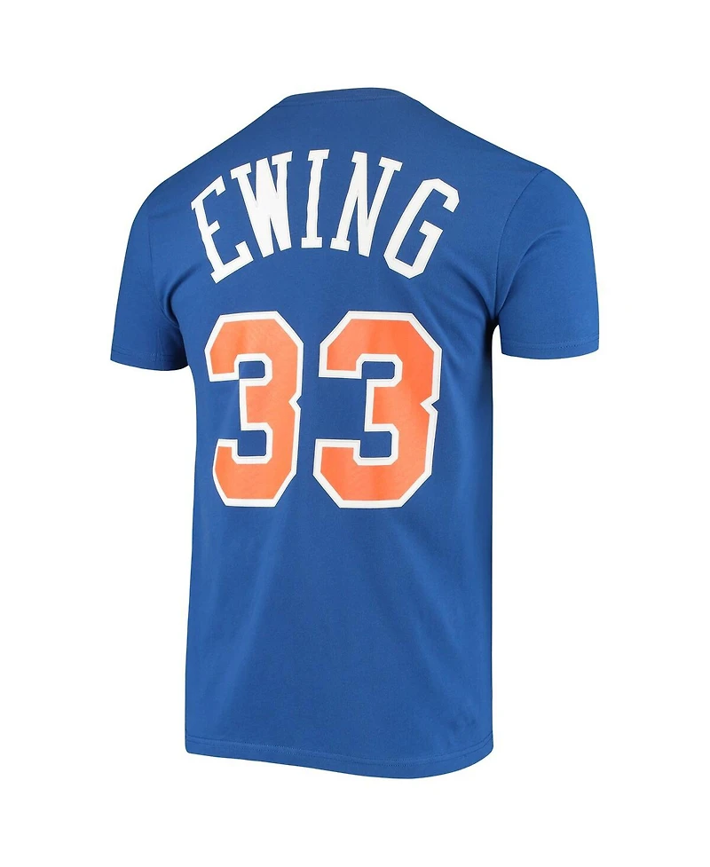 Men's Mitchell & Ness Patrick Ewing Blue New York Knicks Hardwood Classics Stitch Name and Number T-shirt
