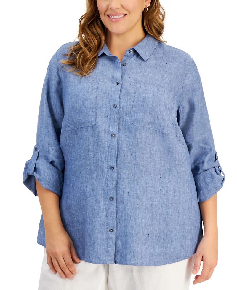 Charter Club Plus 100% Linen Roll-Tab Shirt, Exclusively at Macy's