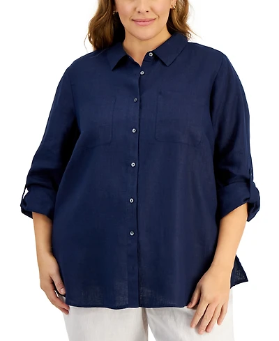 Charter Club Plus 100% Linen Roll-Tab Shirt, Exclusively at Macy's