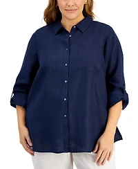 Charter Club Plus 100% Linen Roll-Tab Shirt, Exclusively at Macy's