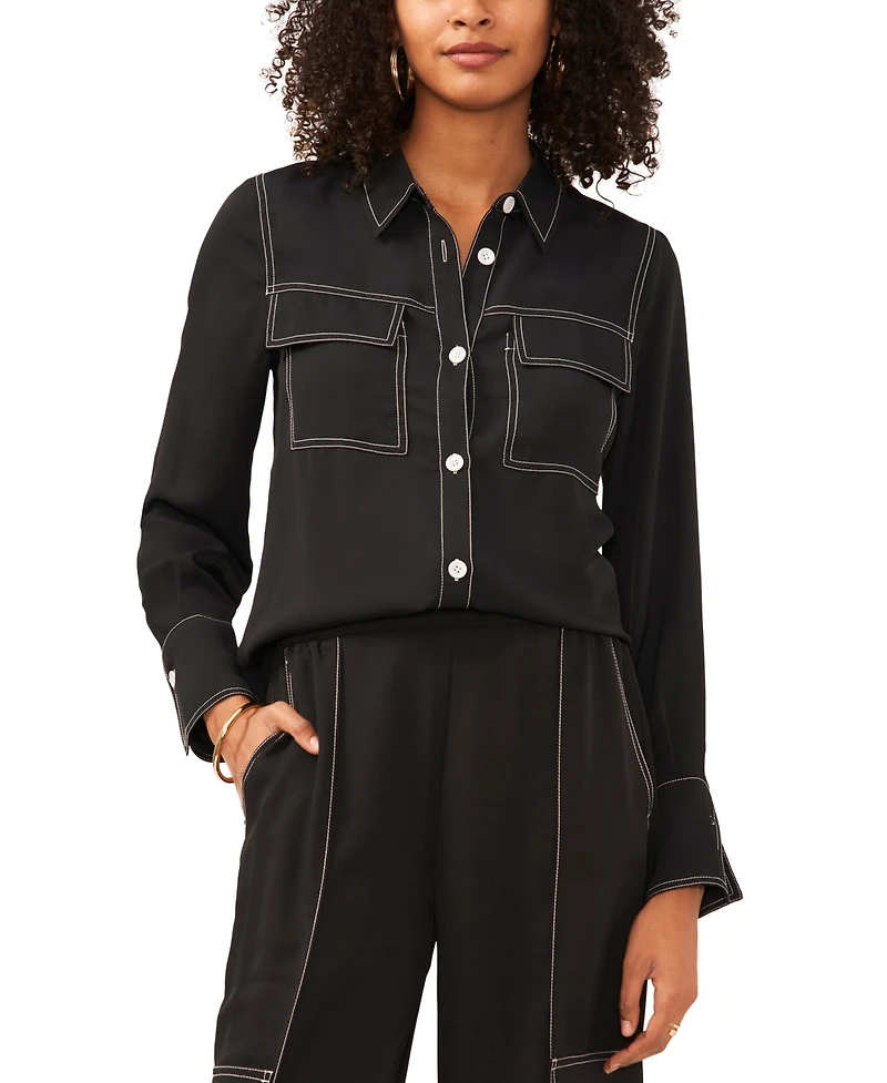 Vince Camuto Women's Contrast Stitch Button Front Collared Top