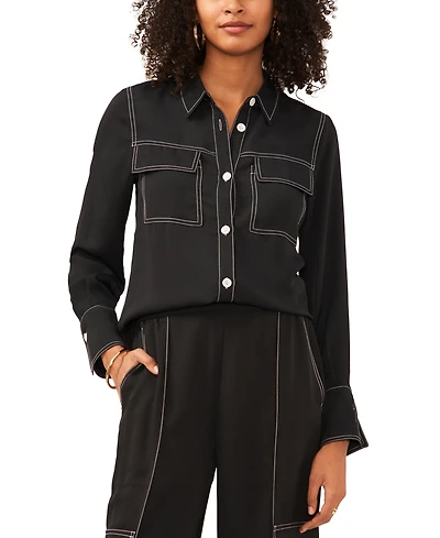 Vince Camuto Women's Contrast Stitch Button Front Collared Top