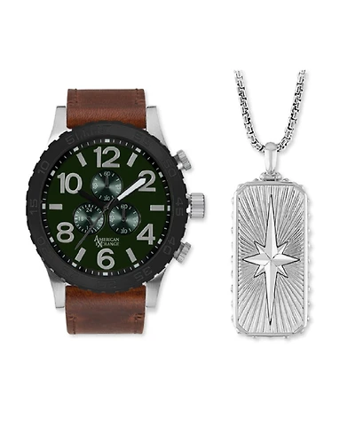 American Exchange Men's Quartz Brown Polyurethane Leather Strap Watch 48mm Gift Set