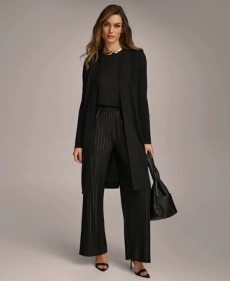 Donna Karan Tie Front Long Cardigan Pleated Pull On Pant