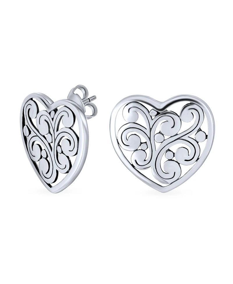 Bling Jewelry Swirl Filigree Scroll Heart Shaped Stud Earrings Sterling Silver