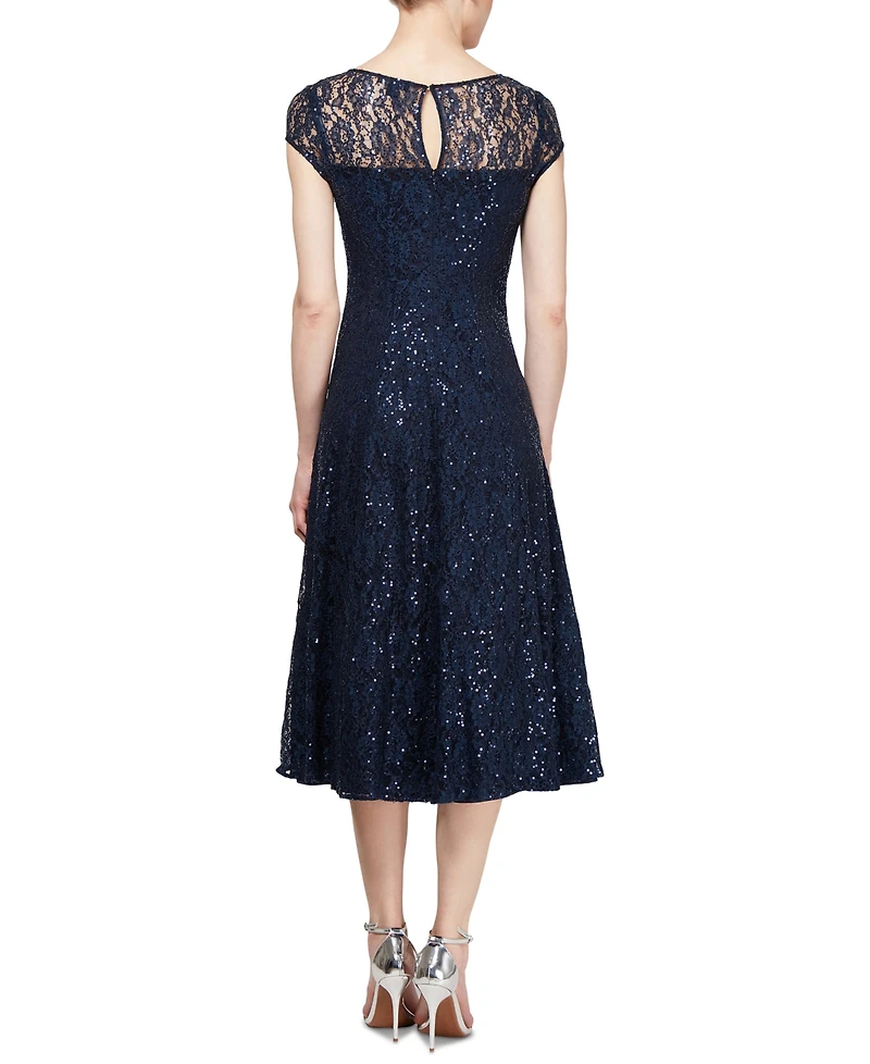 Sl Fashions Petite Sequined Lace Cap-Sleeve Dress
