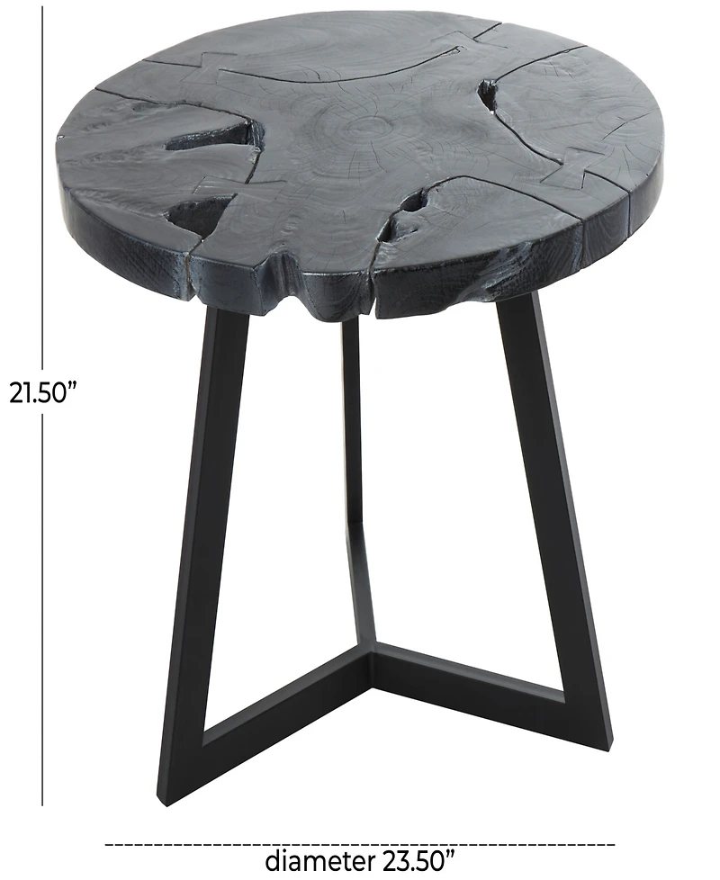 Rosemary Lane 24" x 24" x 22" Teak Wood Geometric Handmade Live Edge Black Metal Base Accent Table