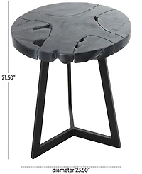 Rosemary Lane 24" x 24" x 22" Teak Wood Geometric Handmade Live Edge Black Metal Base Accent Table