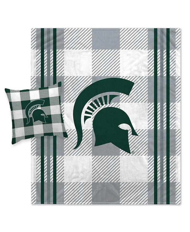 Pegasus Home Fashions Michigan State Spartans Gray Plaid Stripes Blanket and Pillow Combo Set