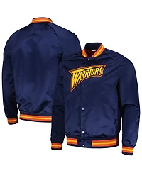 Men's Mitchell & Ness Navy Golden State Warriors Hardwood Classics Throwback Wordmark Raglan Full-Snap Jacket