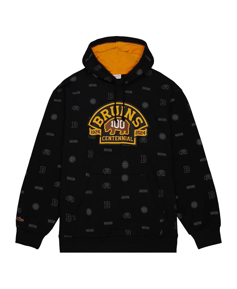 Men's Mitchell & Ness Black Boston Bruins 100th Anniversary Allover Print Pullover Hoodie