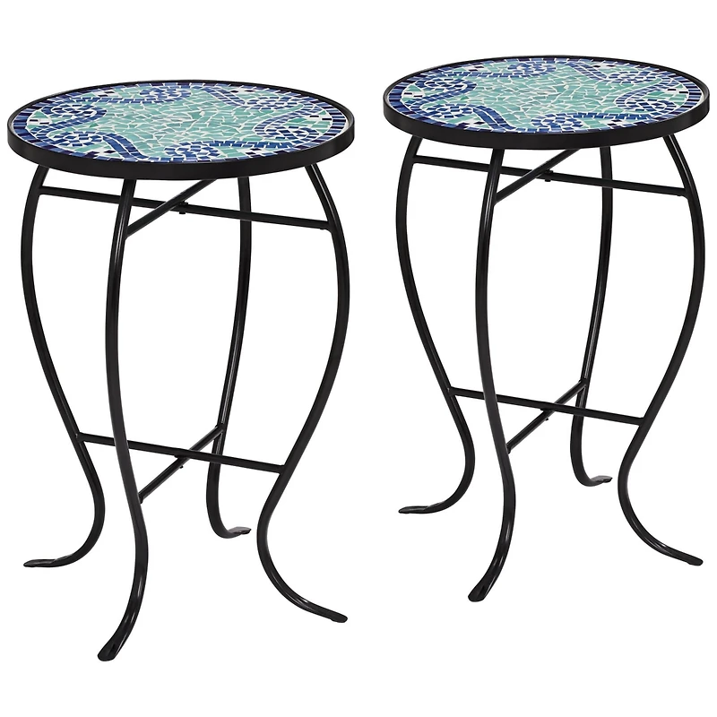 Teal Island Designs Black Round Outdoor Accent Side Tables 14" Wide Set of 2 Blue Wave Mosaic Tabletop Front Porch Patio Home House