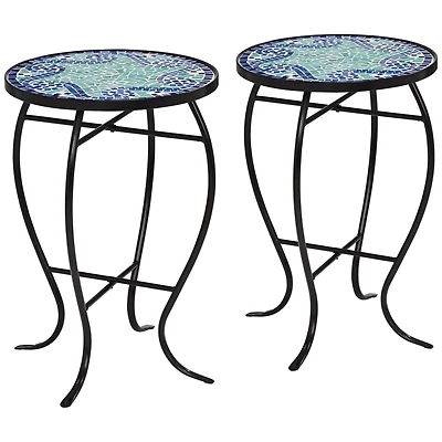 Teal Island Designs Black Round Outdoor Accent Side Tables 14" Wide Set of 2 Blue Wave Mosaic Tabletop Front Porch Patio Home House