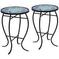 Teal Island Designs Black Round Outdoor Accent Side Tables 14" Wide Set of 2 Blue Wave Mosaic Tabletop Front Porch Patio Home House