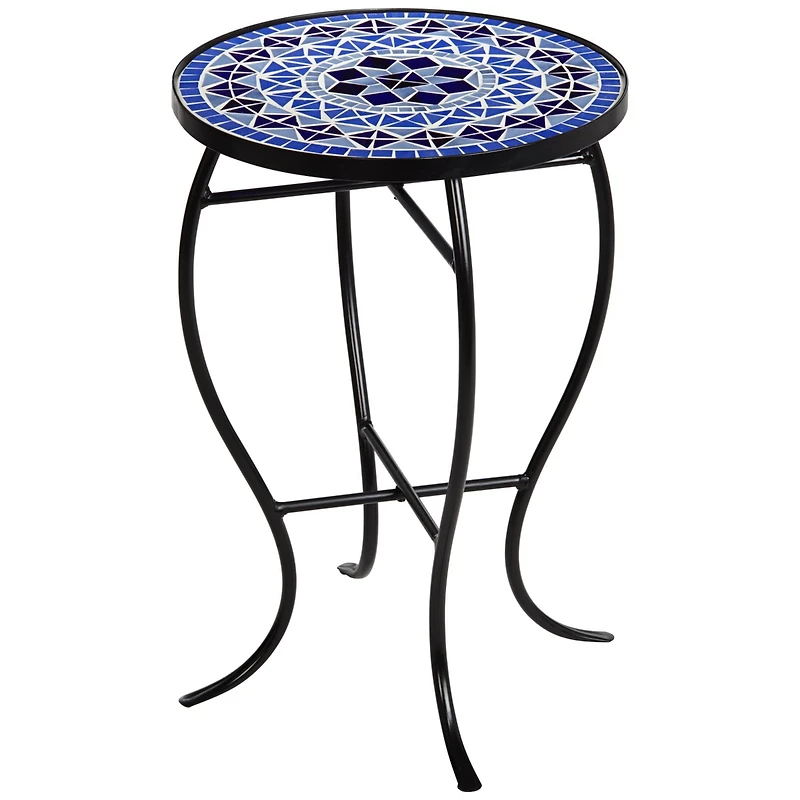 Cobalt Modern Black Metal Round Outdoor Accent Side Table 14" Wide Light Blue Mosaic Tile Tabletop Gracefully Curved Legs for Spaces Porch Patio Home