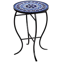 Cobalt Modern Black Metal Round Outdoor Accent Side Table 14" Wide Light Blue Mosaic Tile Tabletop Gracefully Curved Legs for Spaces Porch Patio Home