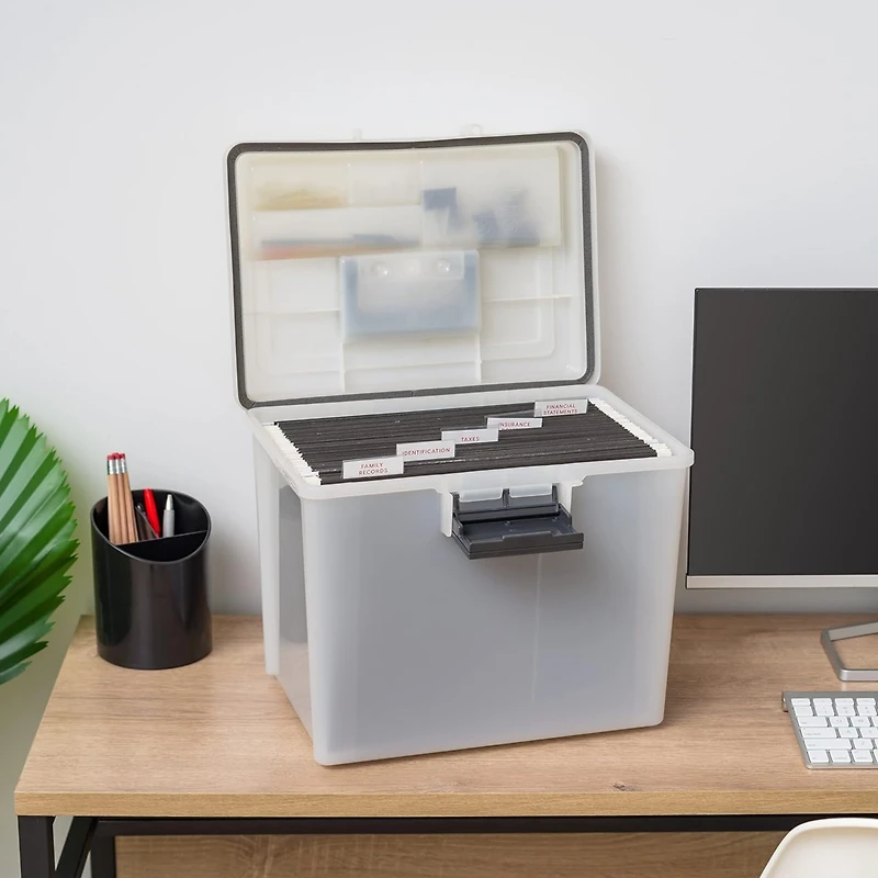 Iris Usa 19 Qt. Weatherpro Plastic Office Storage Portable Letter Size File Box with Organizer-Lid and Seal and Secure Latching Buckles, Clear