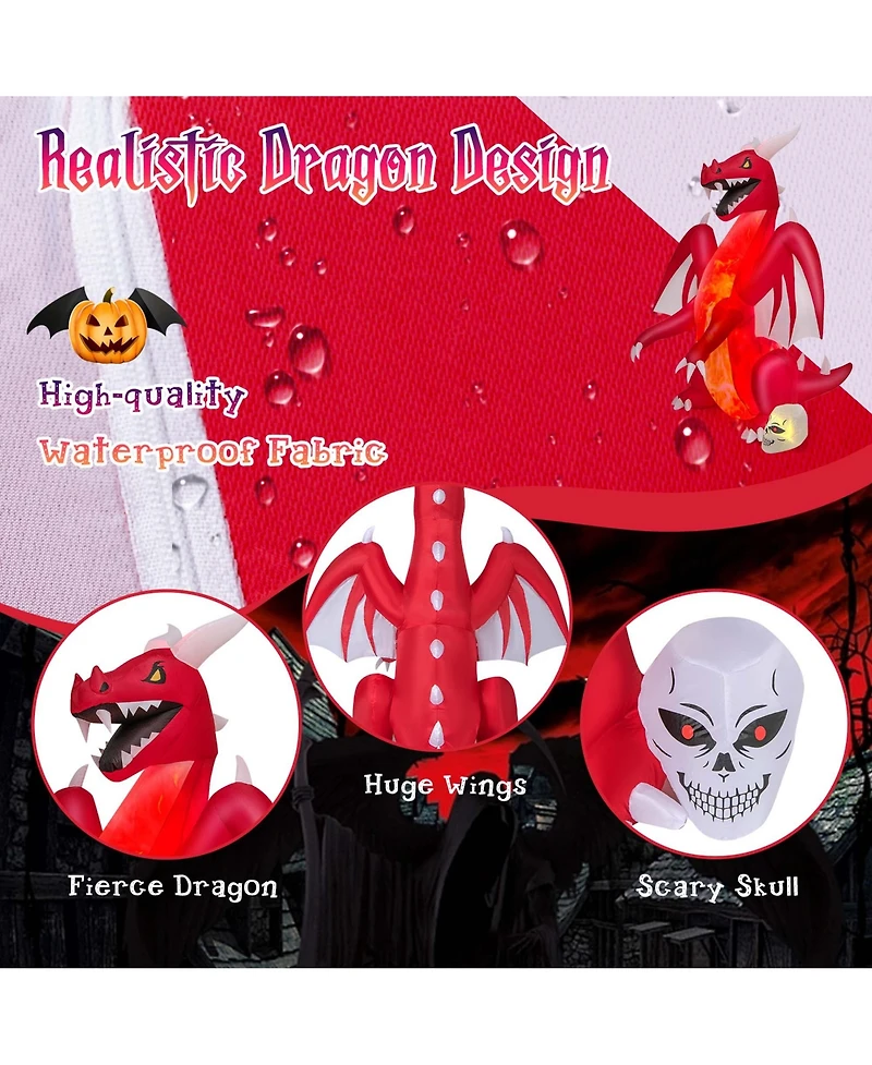 8 Ft Halloween Inflatable Red Dragon with Wings & Skull Holiday Decoration Light